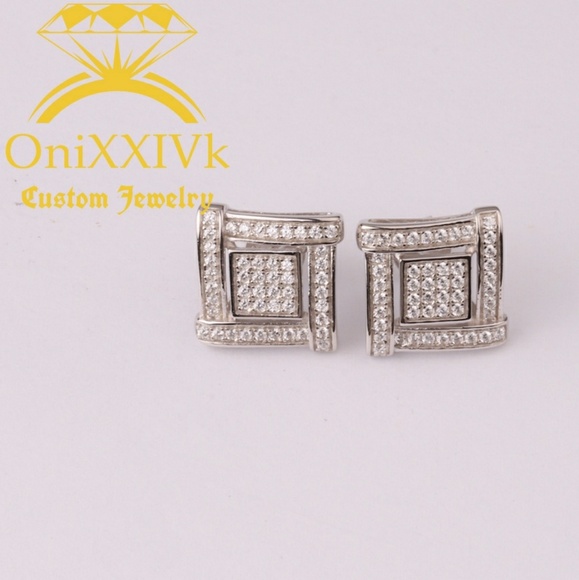 Iced Out Custom 925 Silver Square Earrings - Picture 1 of 2